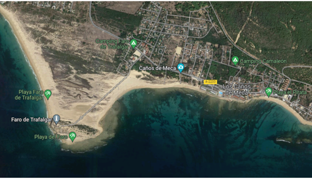 La Playa del Pirata en Los Caños de Meca, a la derecha del mapa